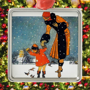 Art Deco-wintermoeder en kind in de sneeuw in vint Metalen Ornament