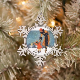 Art Deco-wintermoeder en kind in de sneeuw in vint Tin Sneeuwvlok Ornament
