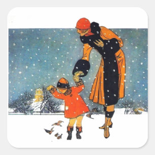Art Deco-wintermoeder en kind in de sneeuw in vint Vierkante Sticker