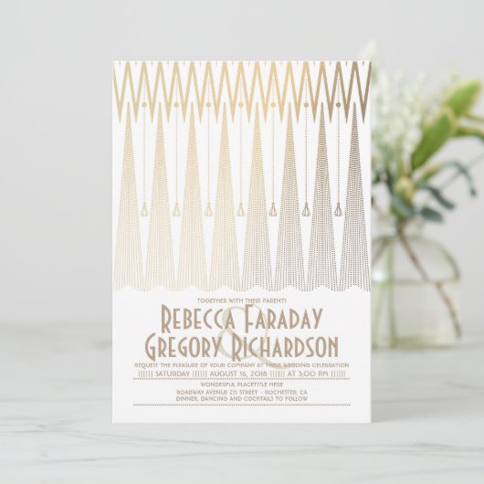 Art Deco Wit en Goud Elegante Geometrische Huwelij Kaart (Staand voorkant)