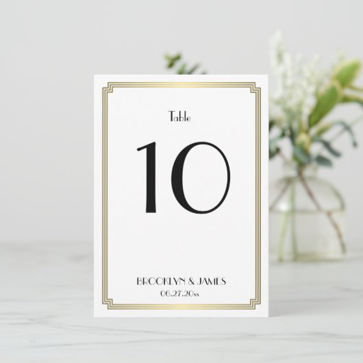 Art Deco Wit en Goud Trouwtafel Nummer Kaart (Staand voorkant)