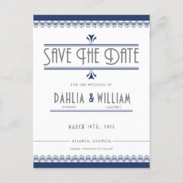 Art Deco  Wit Navy Blauw Save the Date Aankondigingskaart
