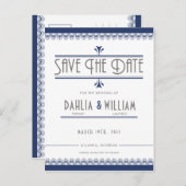 Art Deco Wit Navy Blauw Save the Date Aankondigingskaart (Voorkant / Achterkant)