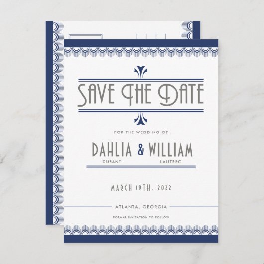 Art Deco Wit Navy Blauw Save the Date Aankondigingskaart (Voorkant / Achterkant)