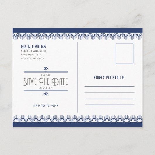Art Deco  Wit Navy Blauw Save the Date Aankondigingskaart (Achterkant)