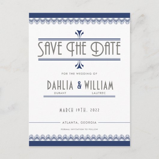 Art Deco Wit Navy Blauw Save the Date Aankondigingskaart (Voorkant)