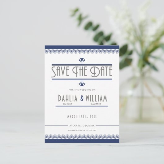 Art Deco  Wit Navy Blauw Save the Date Aankondigingskaart (Staand voorkant)