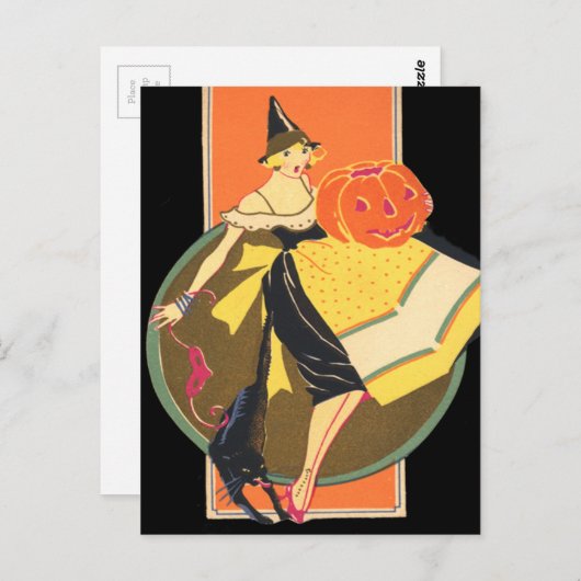 Art Deco Witch Jack O Lantern Pumpkin Black Cat Briefkaart (Voorkant / Achterkant)