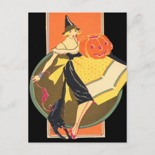 Art Deco Witch Jack O Lantern Pumpkin Black Cat Briefkaart