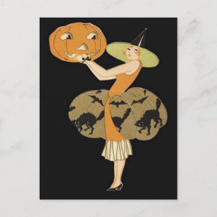 Art Deco Witch Jack O Lantern Pumpkin Black Cat Briefkaart