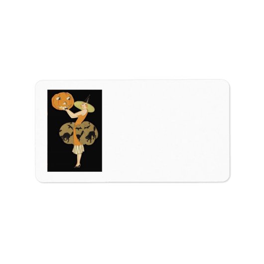Art Deco Witch Jack O Lantern Pumpkin Black Cat Etiket (Voorkant)