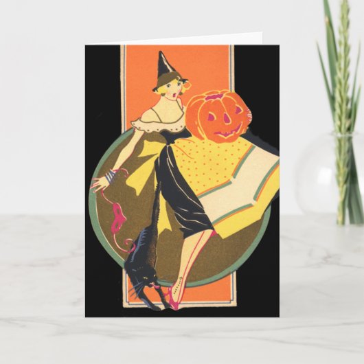 Art Deco Witch Jack O Lantern Pumpkin Black Cat Kaart (Voorkant)