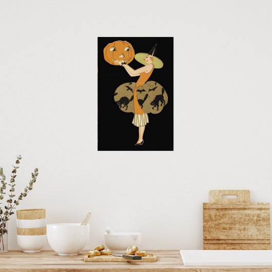 Art Deco Witch Jack O Lantern Pumpkin Black Cat Poster (Keuken)