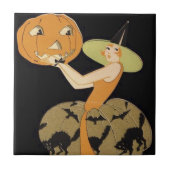 Art Deco Witch Jack O Lantern Pumpkin Black Cat Tegeltje (Voorkant)