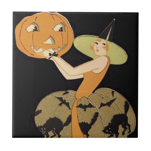 Art Deco Witch Jack O Lantern Pumpkin Black Cat Tegeltje (Voorkant)