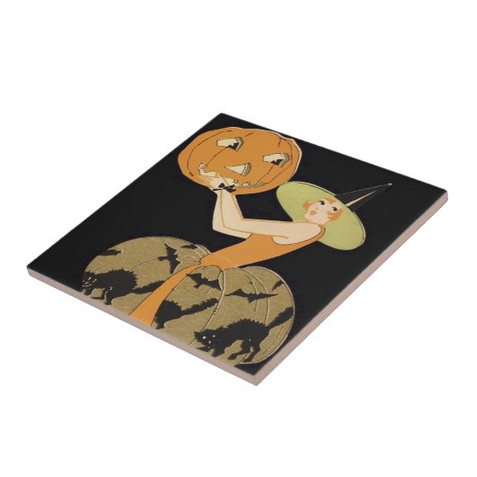 Art Deco Witch Jack O Lantern Pumpkin Black Cat Tegeltje (Zijkant)