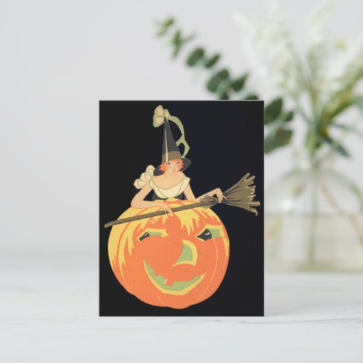 Art Deco Witch Jack O Lantern Pumpkin Broom Briefkaart (Staand voorkant)