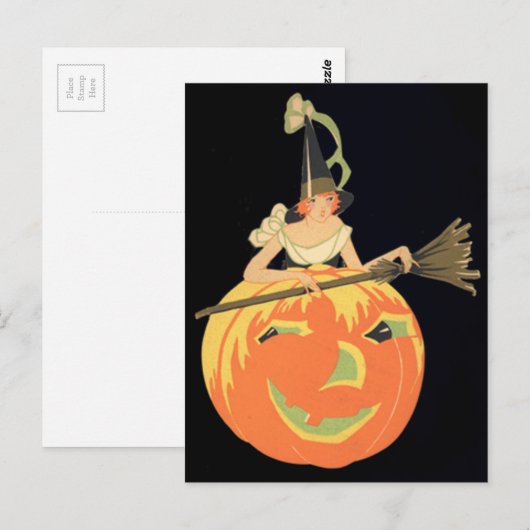 Art Deco Witch Jack O Lantern Pumpkin Broom Briefkaart (Voorkant / Achterkant)