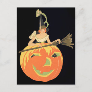 Art Deco Witch Jack O Lantern Pumpkin Broom Briefkaart