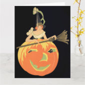 Art Deco Witch Jack O Lantern Pumpkin Broom Kaart (Gele Bloem)