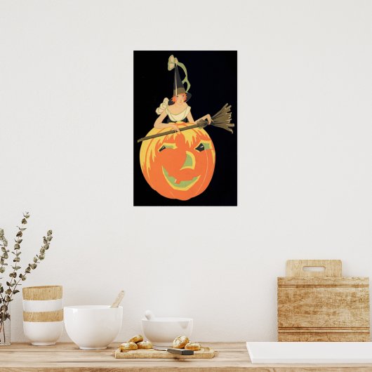 Art Deco Witch Jack O Lantern Pumpkin Broom Poster (Keuken)