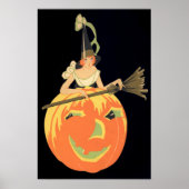 Art Deco Witch Jack O Lantern Pumpkin Broom Poster (Voorkant)
