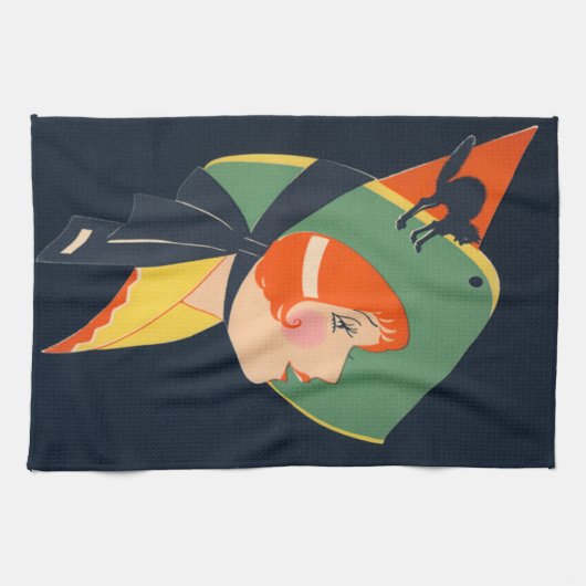 Art Deco Witch Pet Black Cat Theedoek (Horizontaal)