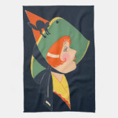 Art Deco Witch Pet Black Cat Theedoek (Verticaal)
