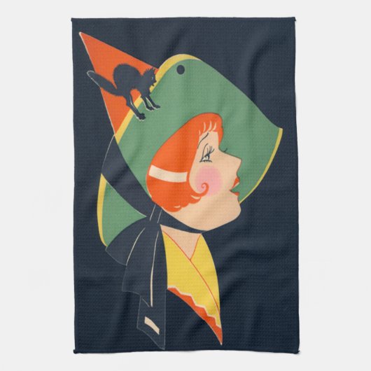 Art Deco Witch Pet Black Cat Theedoek (Verticaal)
