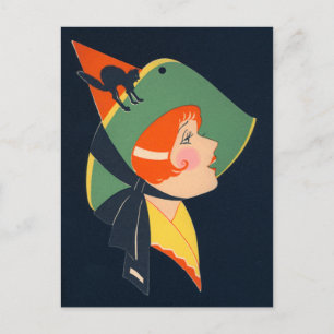 Art Deco Witch Zwarte Kat Briefkaart