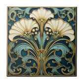 Art Deco Witte Bloem Blauw Turquoise Goud Tegeltje (Voorkant)