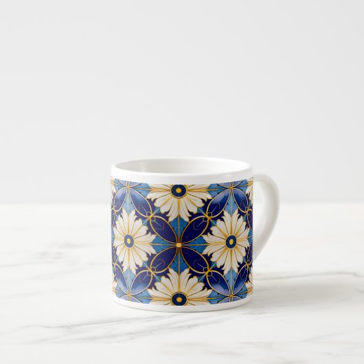 Art Deco Witte Bloemen Blauw Goud Bloemen Patroon Espresso Kop (Voorkant rechts)