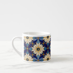 Art Deco Witte Bloemen Blauw Goud Bloemen Patroon Espresso Kop