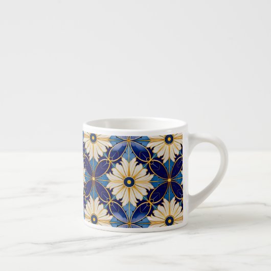 Art Deco Witte Bloemen Blauw Goud Bloemen Patroon Espresso Kop (Rechts)