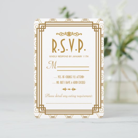 Art Deco Witte Bruiloft RSVP Kaarten (Staand voorkant)