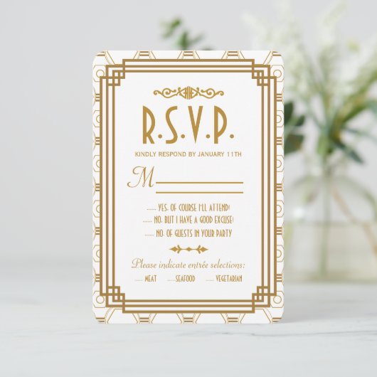 Art Deco Witte Bruiloft RSVP Kaarten (Staand voorkant)