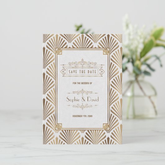 Art Deco Witte Gatsby Jaren 1920 Save The date (Staand voorkant)