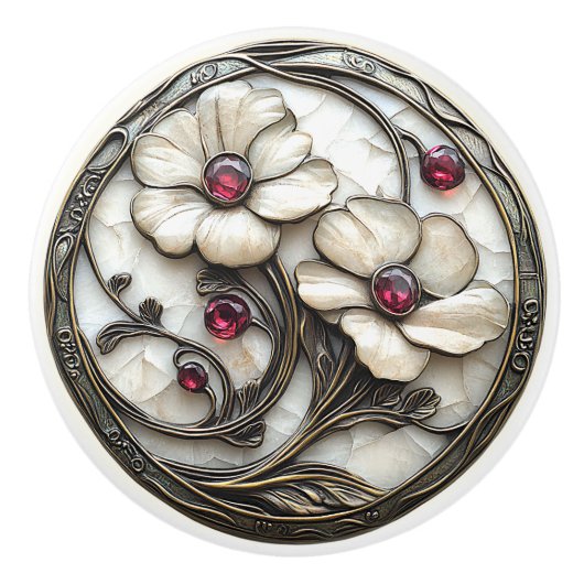 Art Deco Witte Glas Bloem Elegante Rode Robijn Kra Keramische Knop (Voorkant)