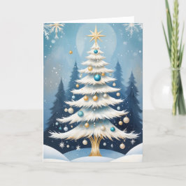 Art Deco Witte Kerstboom Gouden Metalen Stem Feestdagen Kaart
