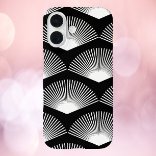 Art Deco Witte waaier Patroon Zwarte achtergrond iPhone 16 Hoesje