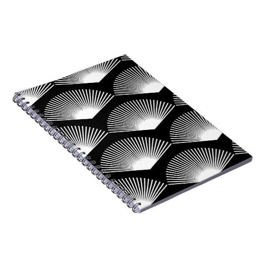Art Deco Witte waaier Patroon Zwarte achtergrond Notitieboek (Rechterzijde)