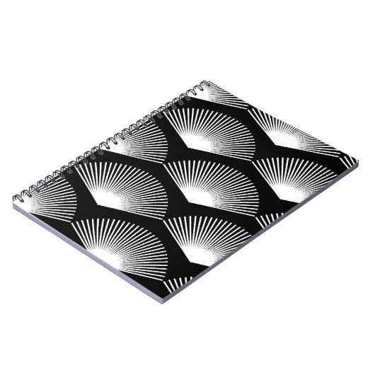 Art Deco Witte waaier Patroon Zwarte achtergrond Notitieboek (Linkerzijde)