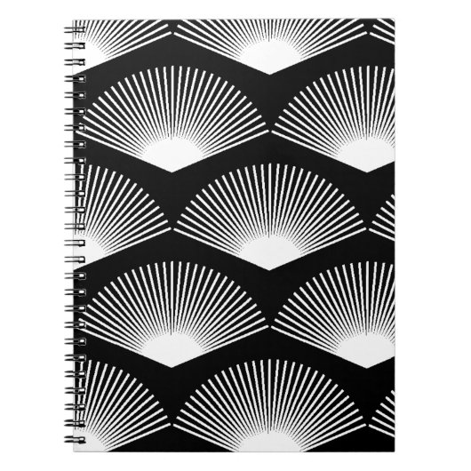 Art Deco Witte waaier Patroon Zwarte achtergrond Notitieboek (Voorkant)