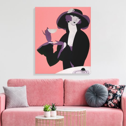  Art Deco Woman, Aftermiddag Tea en Cupcake Canvas Afdruk (Insitu (Woonkamer))