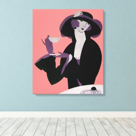  Art Deco Woman, Aftermiddag Tea en Cupcake Canvas Afdruk (Insitu (Houten vloer))
