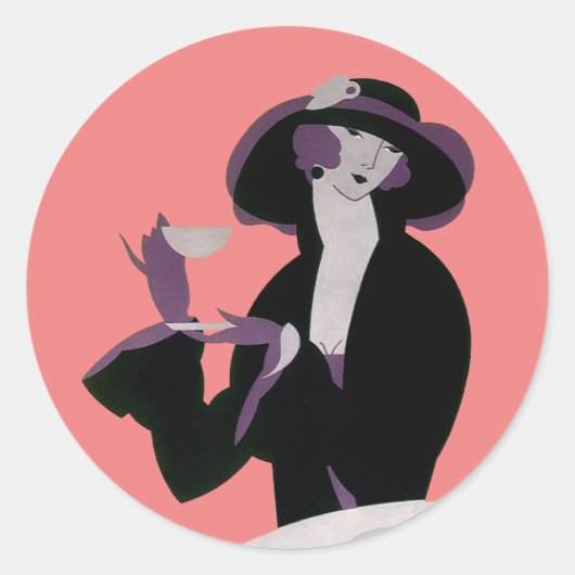 Art Deco Woman, Aftermiddag Tea en Cupcake Ronde Sticker (Voorkant)