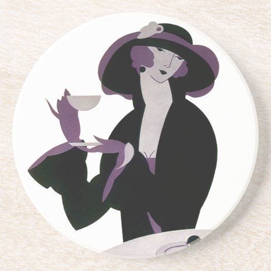  Art Deco Woman, Aftermiddag Tea en Cupcake Zandsteen Onderzetter (Voorkant)
