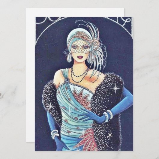  Art Deco Woman Blue-kerstfeestkaart Feestdagenkaart (Voorkant / Achterkant)