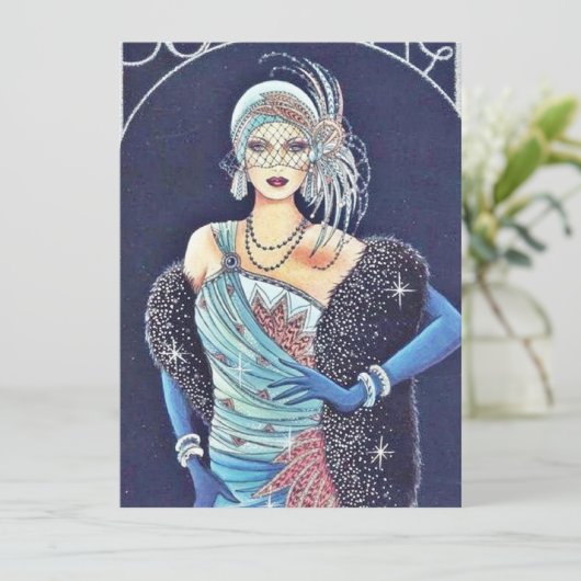  Art Deco Woman Blue-kerstfeestkaart Feestdagenkaart (Staand voorkant)