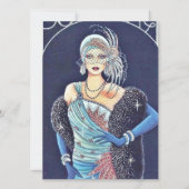  Art Deco Woman Blue-kerstfeestkaart Feestdagenkaart (Voorkant)